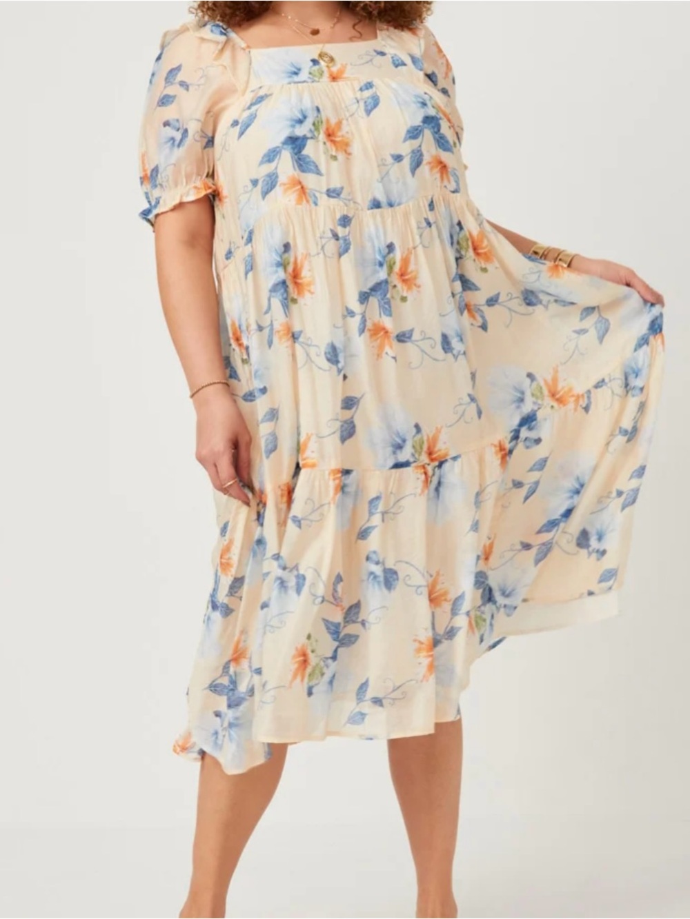 Hayden Cream Midi Dress with Blue and Orange Floral Print